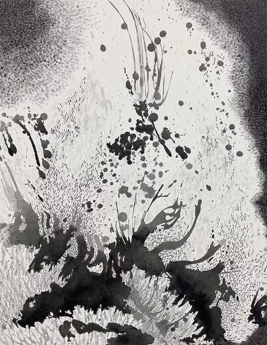 Nishiki Sugawara-Beda's KuroKuroShiro The F, 2022. Sumi on wood, 40 x 30 inches. - COURTESY OF THE ARTIST AND CRIS WORLEY FINE ARTS
