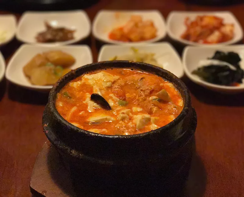 Image: Korean spicy soft tofu soup (sundubu jjigae) at Musiro in Carrollton's Korea Town.