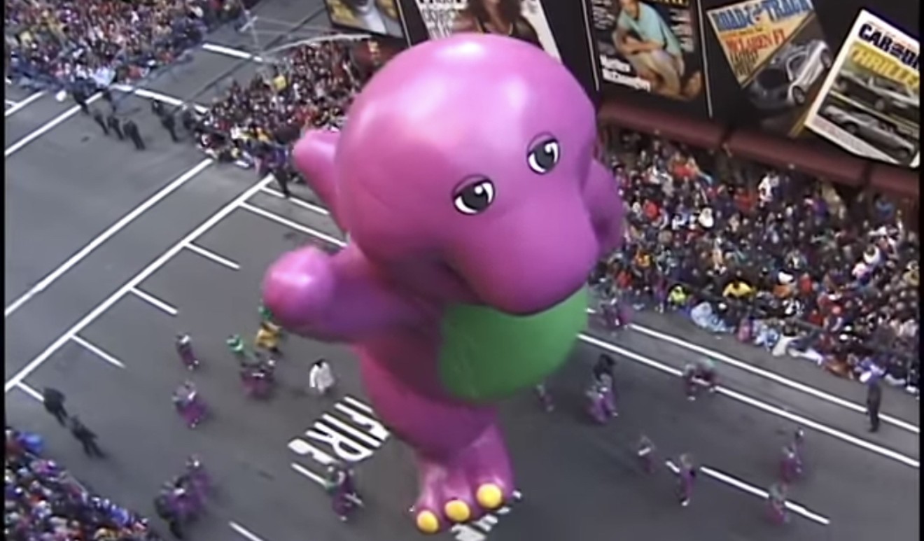 A giant balloon version of Barney the Dinosaur collapsed during the Macy's Thanksgiving Day Parade in 1997.