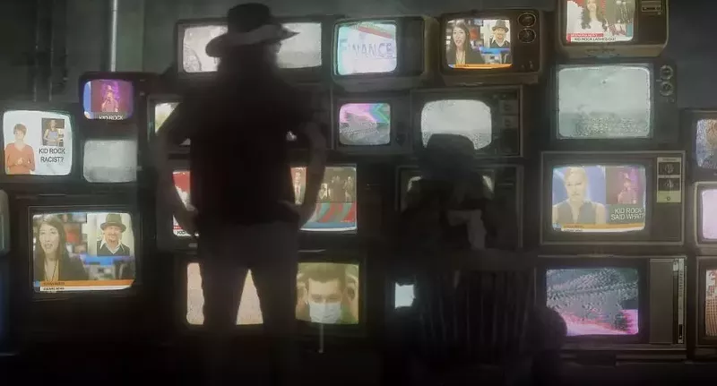 Image: Kid Rock's video for his anti-vax song kicked off with a wall of screenings of phony news channels doing stories about how he's being a dick during the pandemic. So at least he's starting on an accurate note.