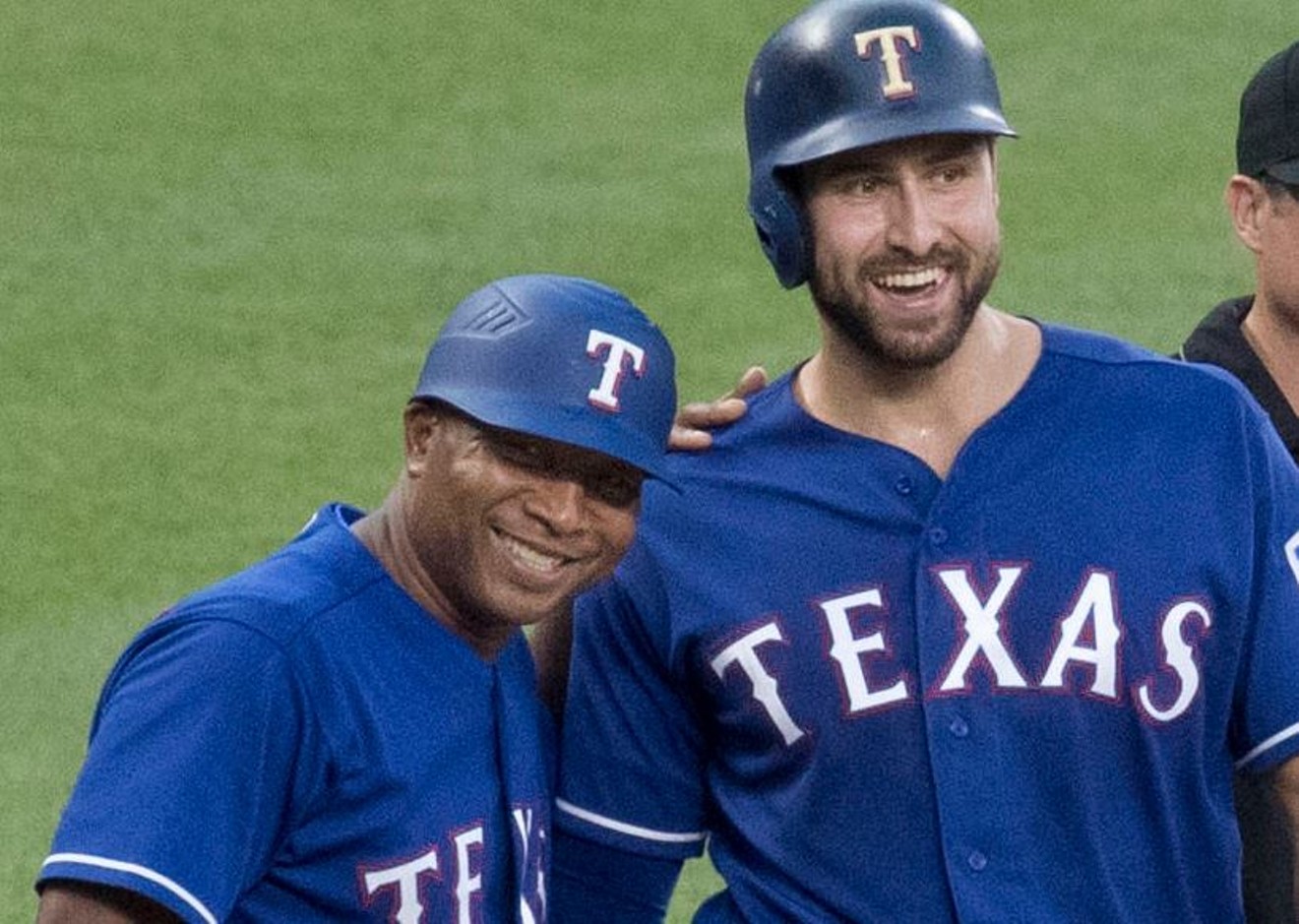 Rangers coach Tony Beasley (left) and Joey Gallo. Expect to see this smile a lot in 2018.