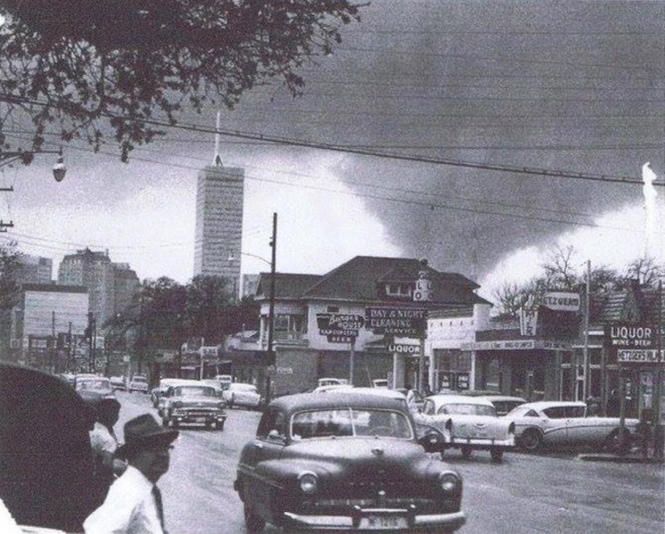 View of the April 2, 1957, tornado from Live Oak and Liberty Street.