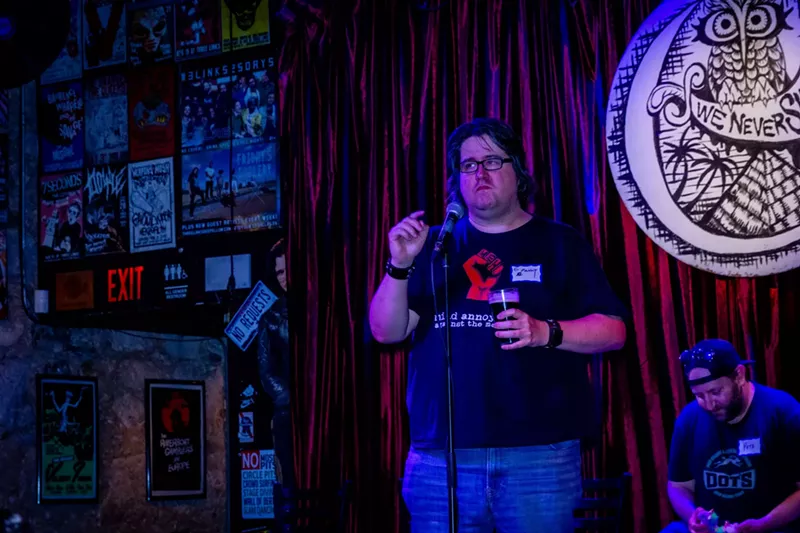 Image: Dallas Observer writer Danny Gallagher struggles to spell a crucial word giving that bastard Pete Freedman a shot at advancing to the final round at the Three Links Spelling Bee in Deep Ellum on Wednesday.