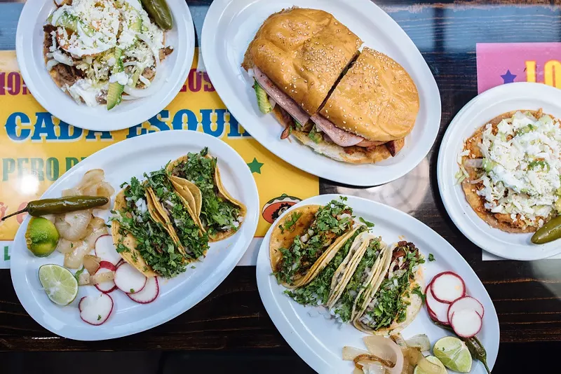 Image: From top left, clockwise: Tostada de pollo, torta cubano, tostada de pierna, tacos de lengua rebanada, tacos al pastor, choriquesos, tacos de cachete and fajita tacos