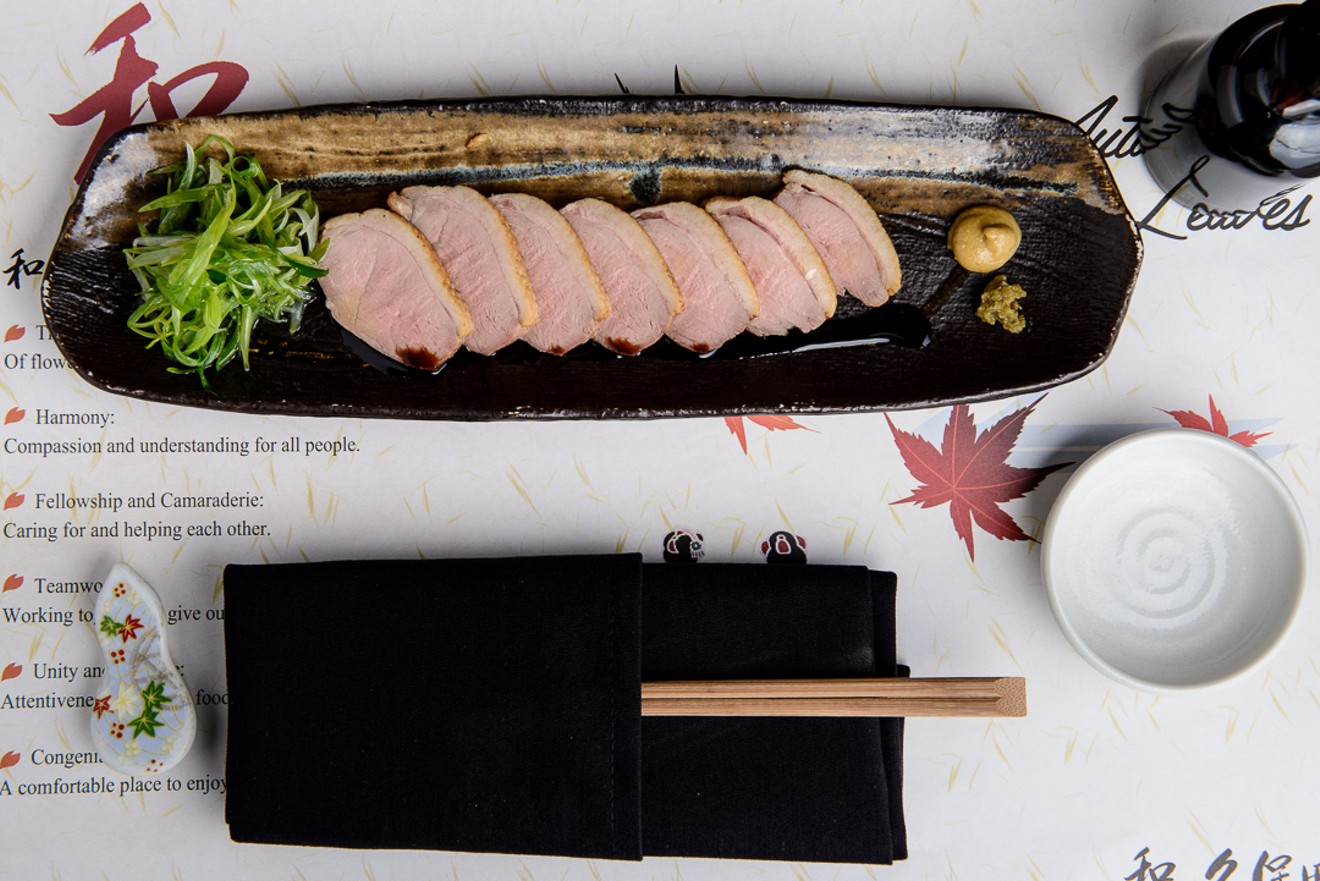 Kamonegi : Japanese-style roasted duck, served chilled with a side of green onions and Japanese Karashi musturd