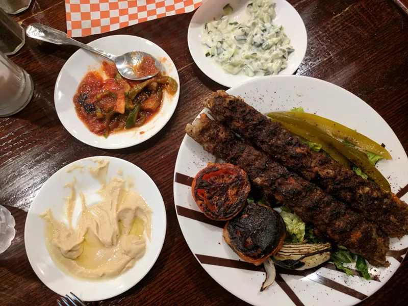 Image: Kashkash kebab, hummus, tzatziki and salad at Chai Khanah in Richardson