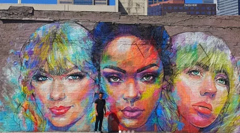 Image: Muralist Adrian Torres painted this Elm Street mural of Taylor Swift, Rihanna and Billie Eilish to "inspire the young generation with artists they admire."