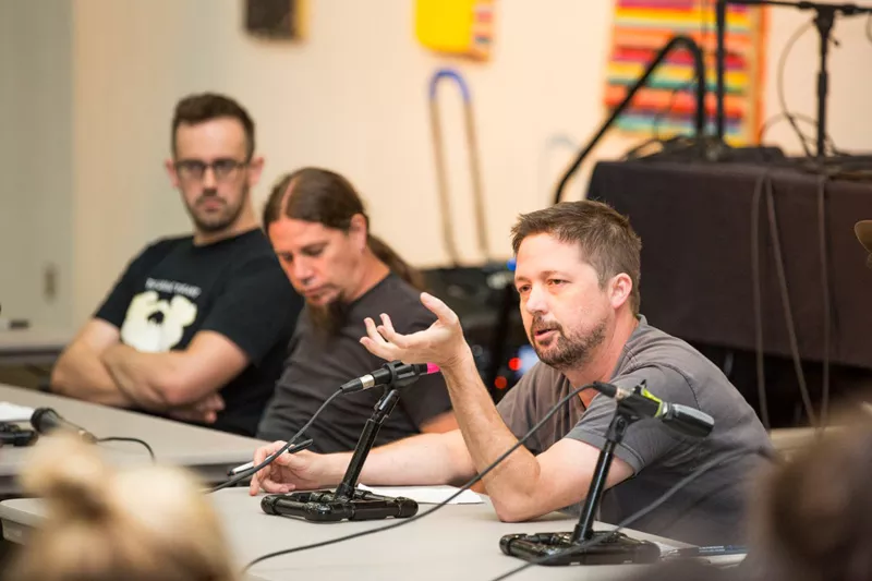 Image: Joshua Baish, former owner of the Denton venue Rubber Gloves, speaks at a meeting. A judge determined that Baish had tried to force one of his 4-year-old daughters to identify as a boy and ordered supervised visitation with the twins.
