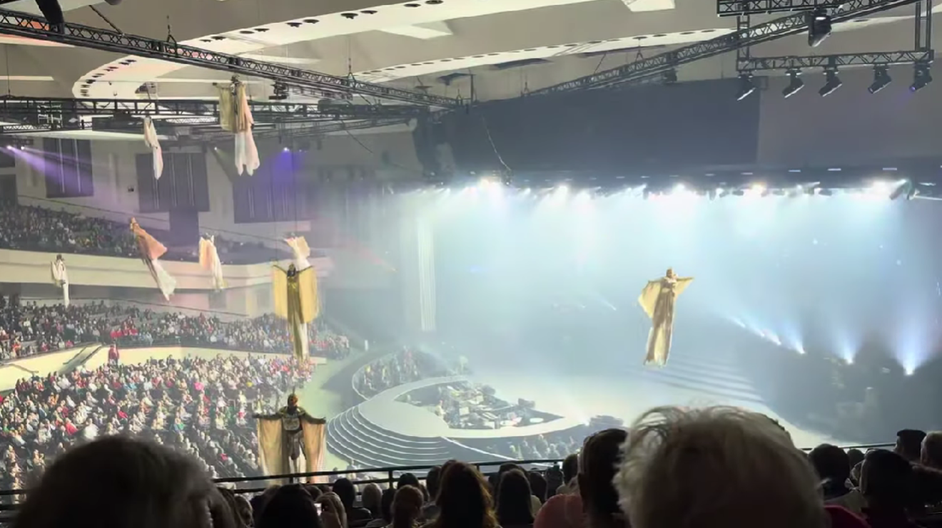 Flying angels appear in Prestonwood Baptist's The Gift of Christmas show.
