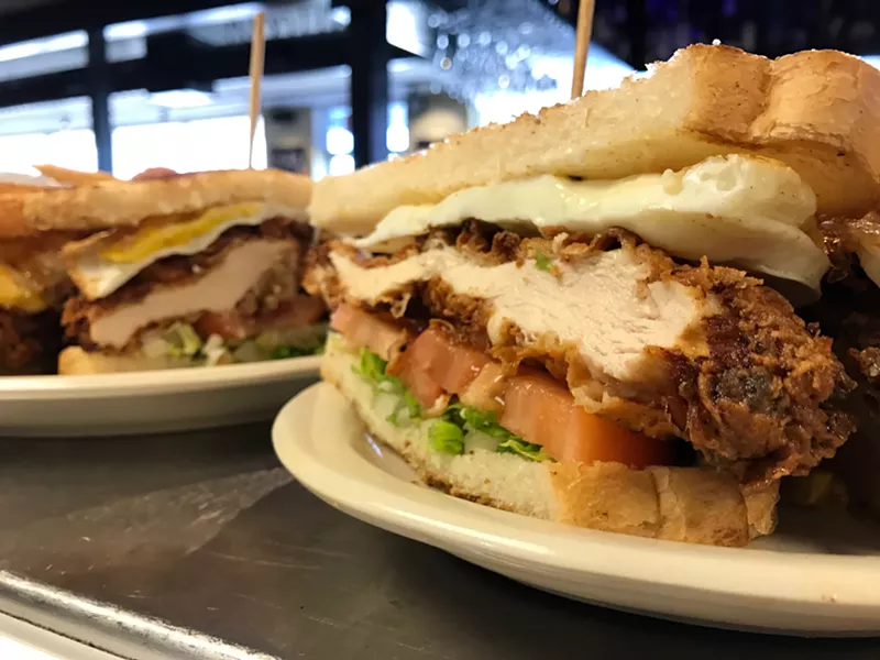 Image: Butter-washed, grilled sourdough bookends the fried chicken sandwich (the Which Came First) at Jonathon's Oak Cliff for $12.