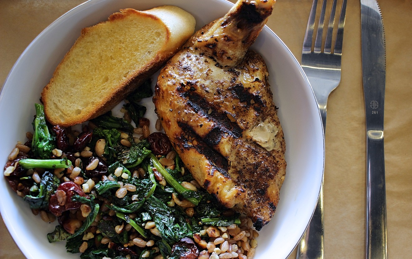The roasted chicken breast is seasoned perfectly with garam masala and accompanied by a flavorful farro-broccoli rabe saute.