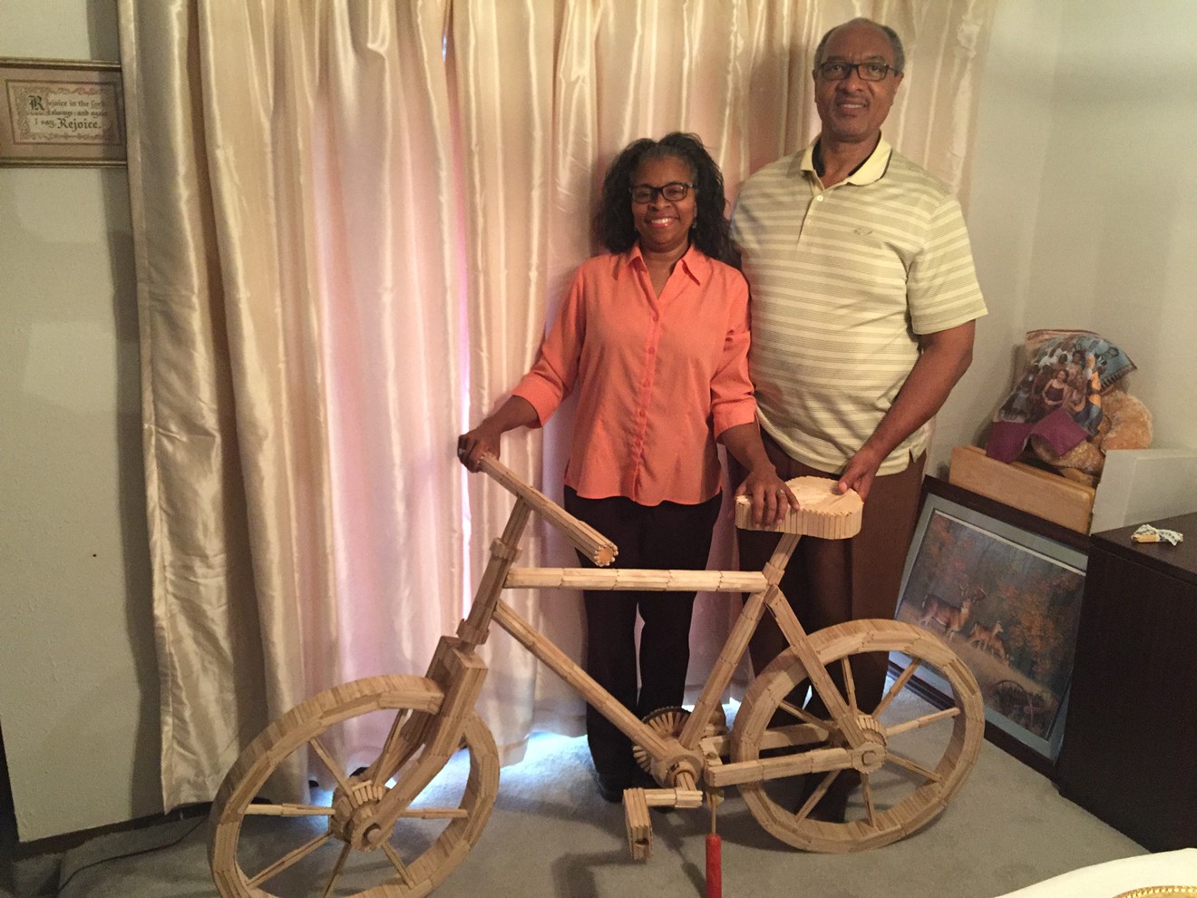 Melinda and Larry Gardner of Carrollton received a bicycle made out of popsicle sticks from talk show host Jimmy Kimmel.