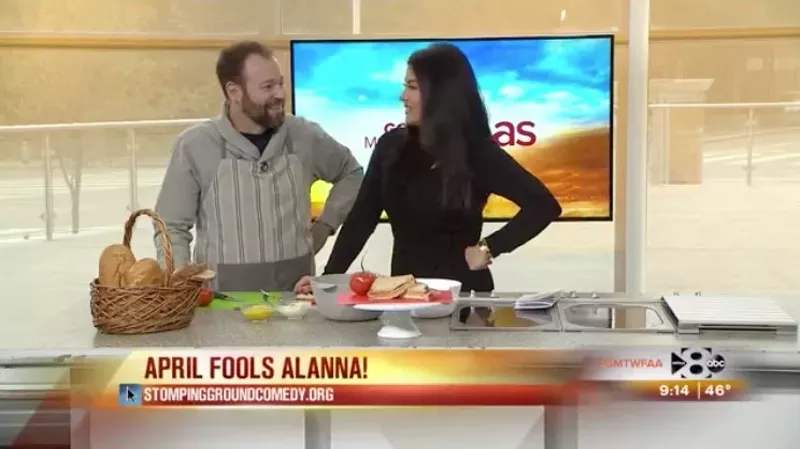 Image: Actor Chad Cline is about to yell "April Fools!" to Good Morning Texas host Alanna Sarabia live on the air Monday morning.