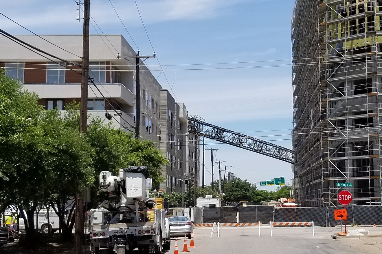 A crane collapsed and landed on the Elan City Lights apartment complex east of downtown Dallas on Sunday afternoon, killing one woman and injuring at least a half-dozen more people.