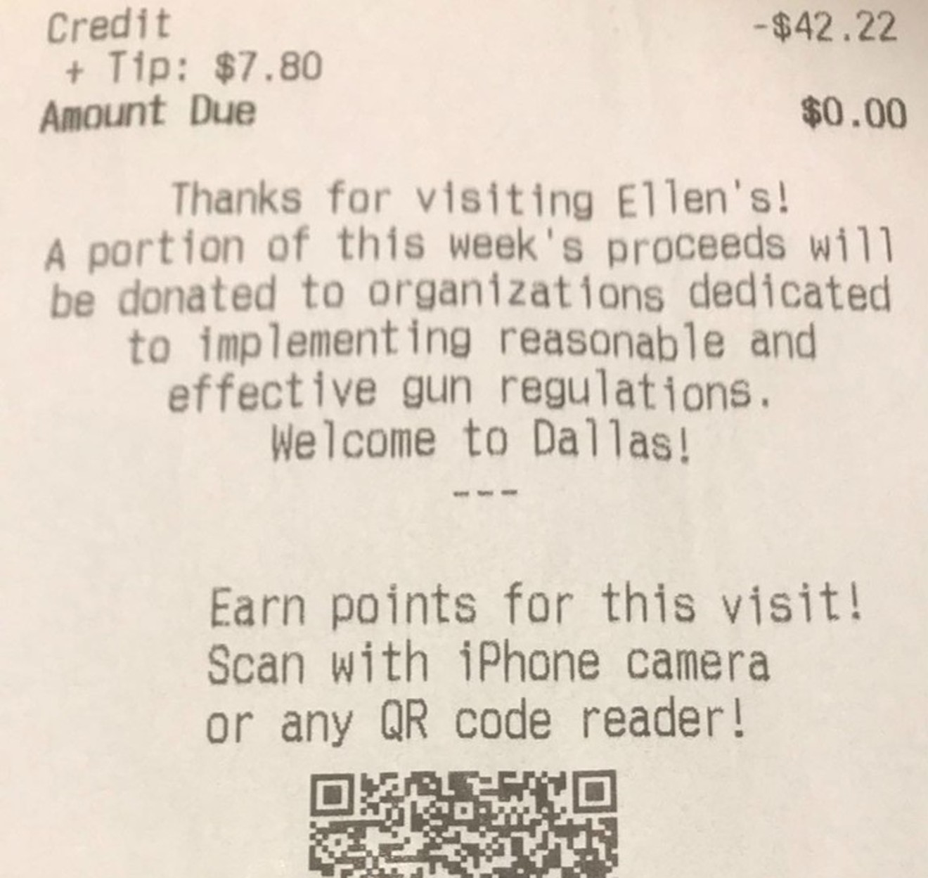 This photo of a restaurant receipt, shared by Ellen's owner Joe Groves, put Ellen's in the national spotlight.