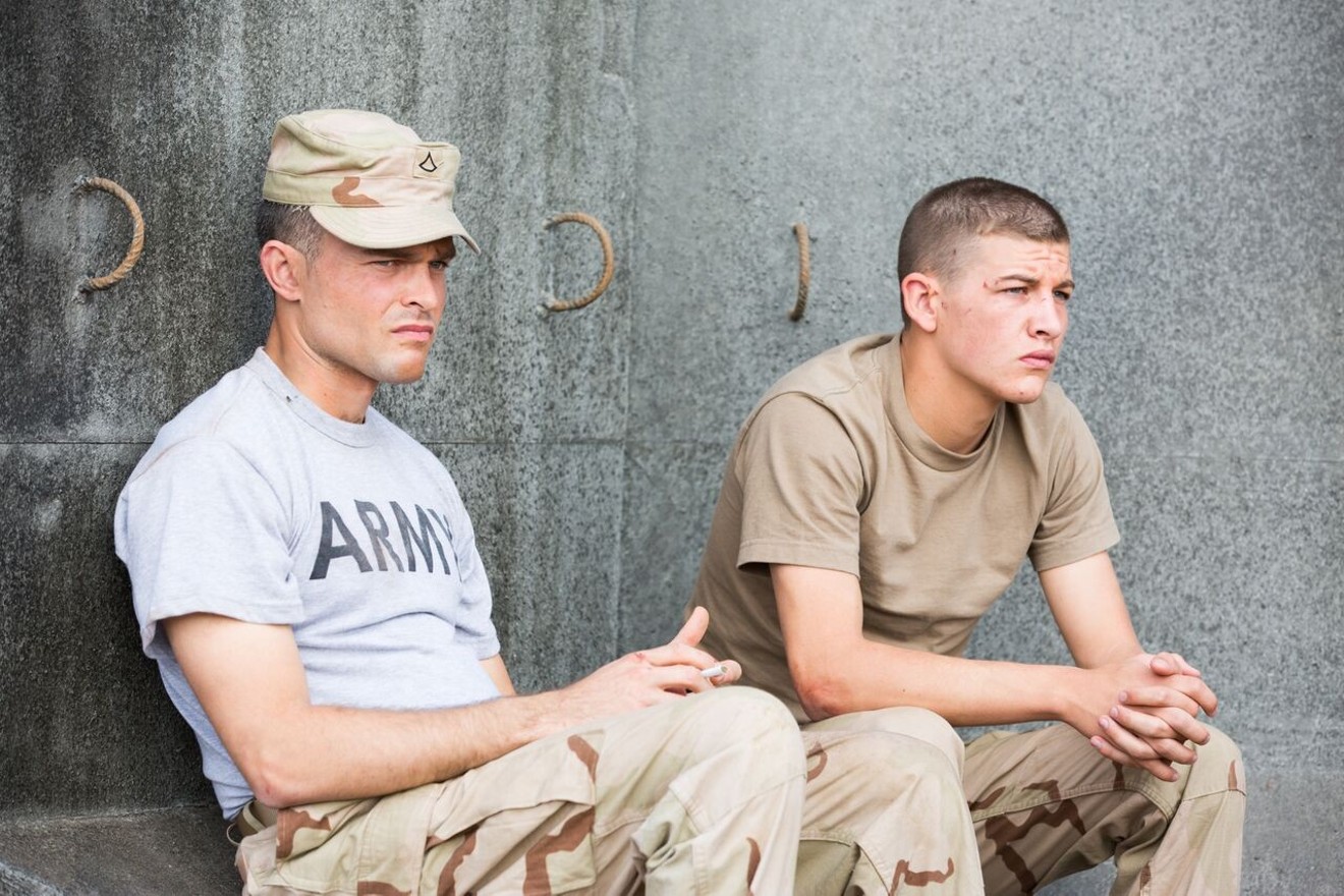 Alden Ehrenreich (left) plays Bartle and Tye Sheridan is Murphy  in The Yellow Birds, Alexandre Moors’ war drama about two young soldiers who face the unceremonious cruelties of deployment.