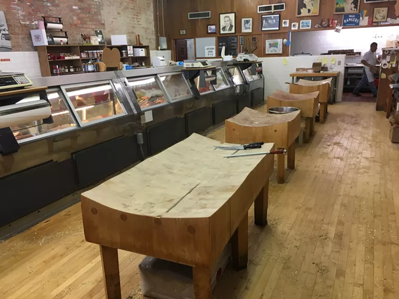 Image: The decades-old butcher blocks at Rudolph's. The one in the foreground is around 90 years old.