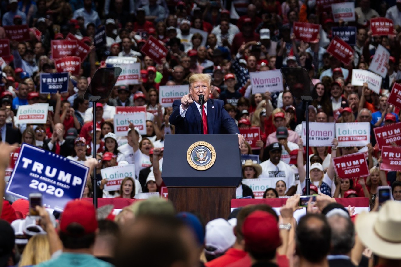 President Donald Trump speaks to the crowd at American Airlines Center in Dallas on Oct. 17, 2019.