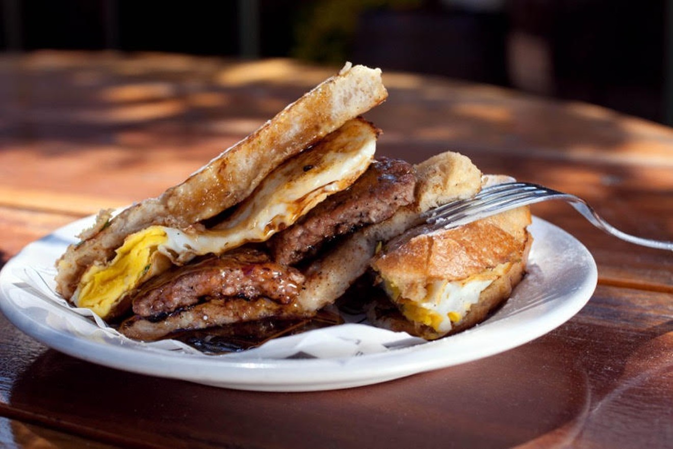 The hangover sandwich: French toast, Jimmy’s sausage and a fried egg