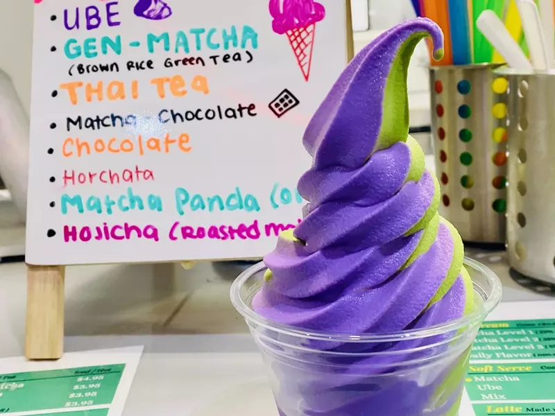 Image: An ube and matcha swirl at Meccha Matcha