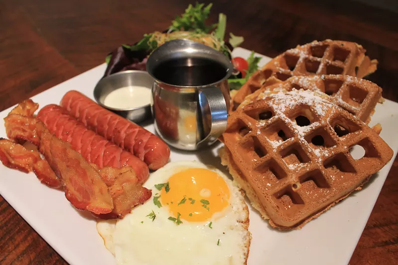 Image: The waffle plate is one of the cafe's three brunch options. If hot dogs and bacon aren't your thing, opt for the croissant plate, which includes your choice of egg or chicken salad.