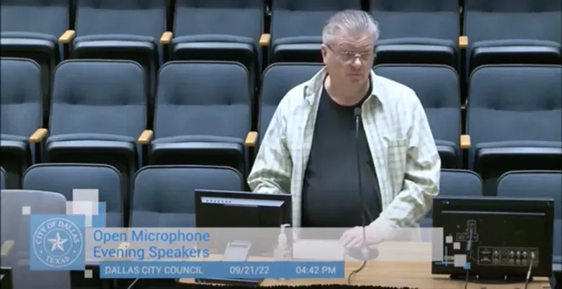 Image: Edward Sebesta tells Dallas City Council members about invocation speakers' ties to anti-LGBTQ institutions.