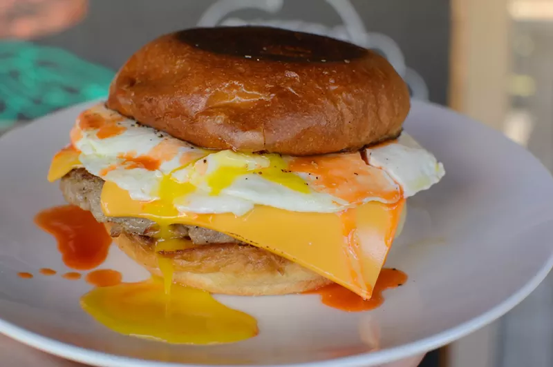 Image: Meet BOB. He's a breakfast sandwich with sausage, egg and cheese at The Grape on Greenville ($9).