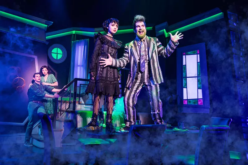 Image: The cast onstage for Beetlejuice: The Musical, which is now haunting The Music Hall at Fair Park.