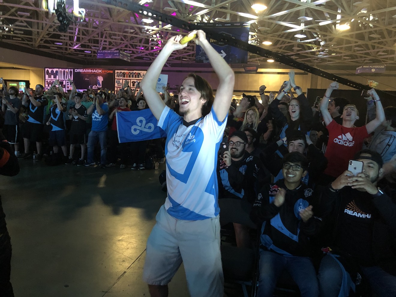 John "Reso" Nabergall of Houston celebrates Cloud9's win over TSM in the DreamHack Masters tournament for Rocket League at the DreamHack con.