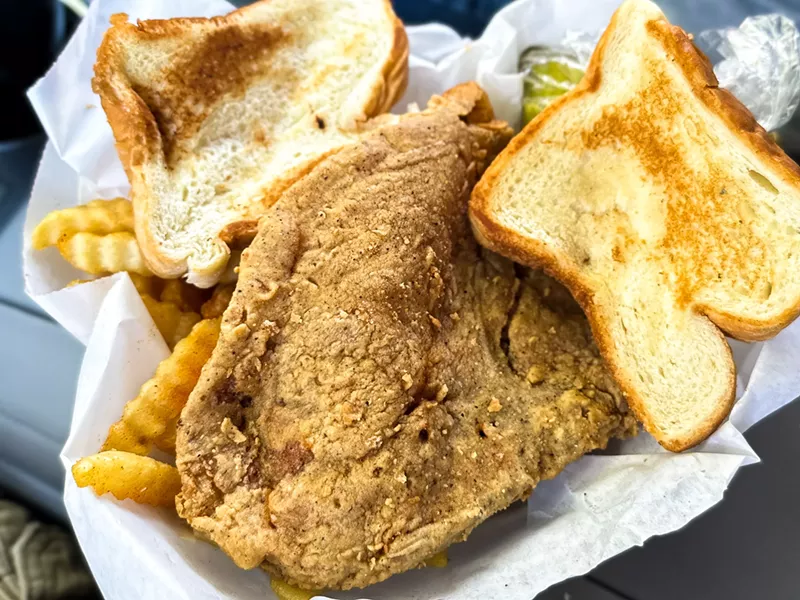 Image: Fried pork chop basket, including fries, toast, jalapenos and pickles. Pretty... pretty good.