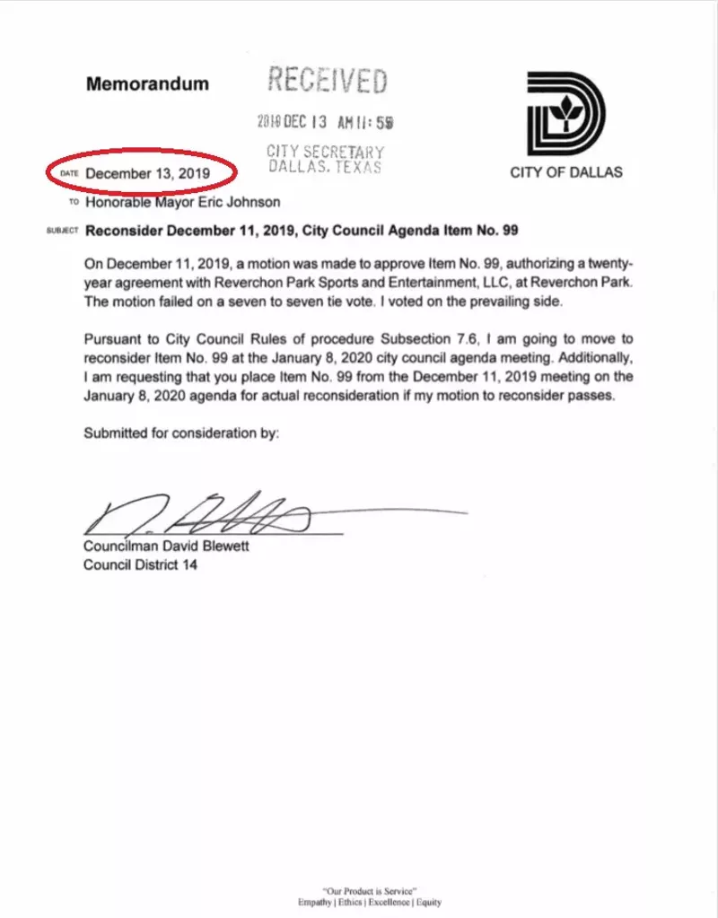 Image: Two days after the Dallas City Council turned down a deal to turn over Reverchon Park to a for-profit sports entity, District 14 council member David Blewett, who had voted to turn it down, filed a memo for a revote.