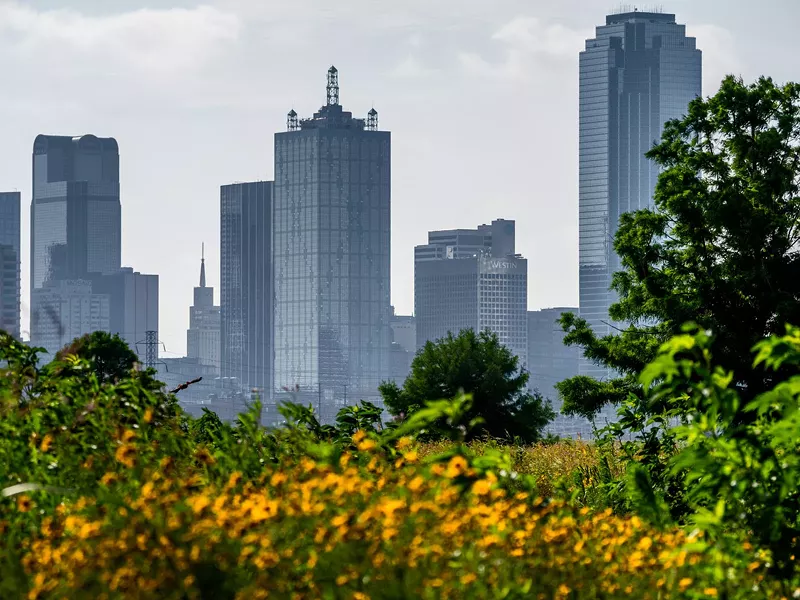 Image: The downtown skyline, viewed from between the Trinity River levees.
