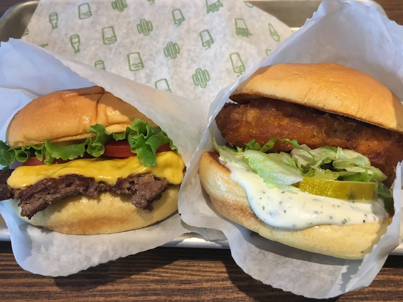 The ShackBurger and Chick'n Shack with dill pickles.