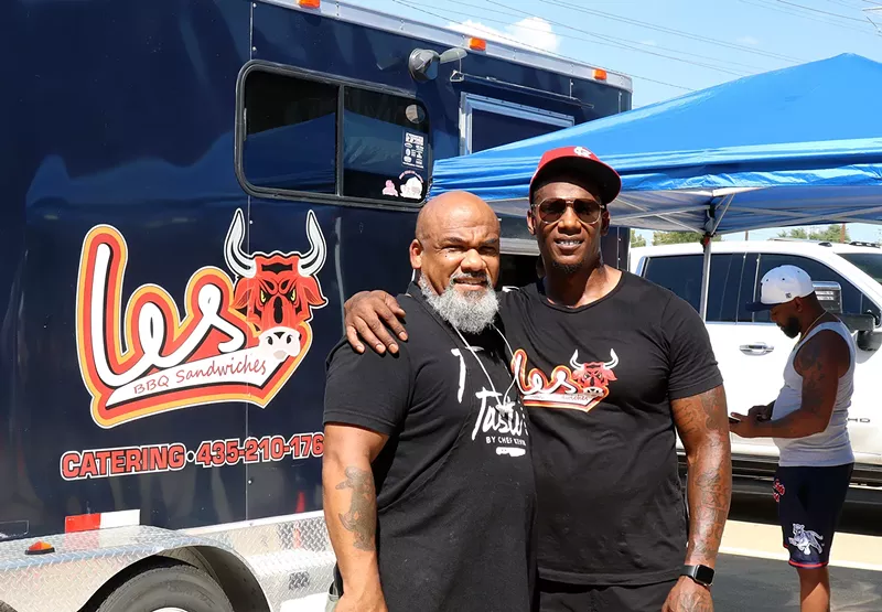 Image: Les BBQ Sandwiches popped up in Dallas on Sept. 30 and Oct. 1 at Glow Event Venue. Les Rhodes Jr. (right) was hosted by chef Kevin Johnson of Taste by Chef Kevin.