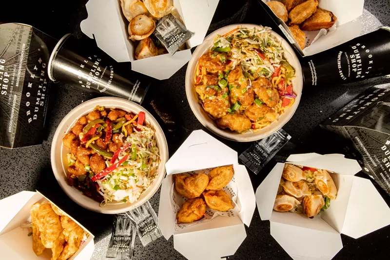 Image: A variety of bowls, dumplings and fried food from the Brooklyn Dumpling Shop.