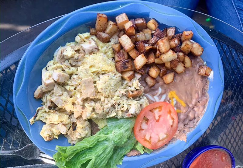 Image: The potatoes are the best part of this plate.