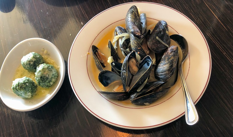 Prince Edward Island mussels steamed in a white wine, citrus,  fennel and chili broth ($6)
