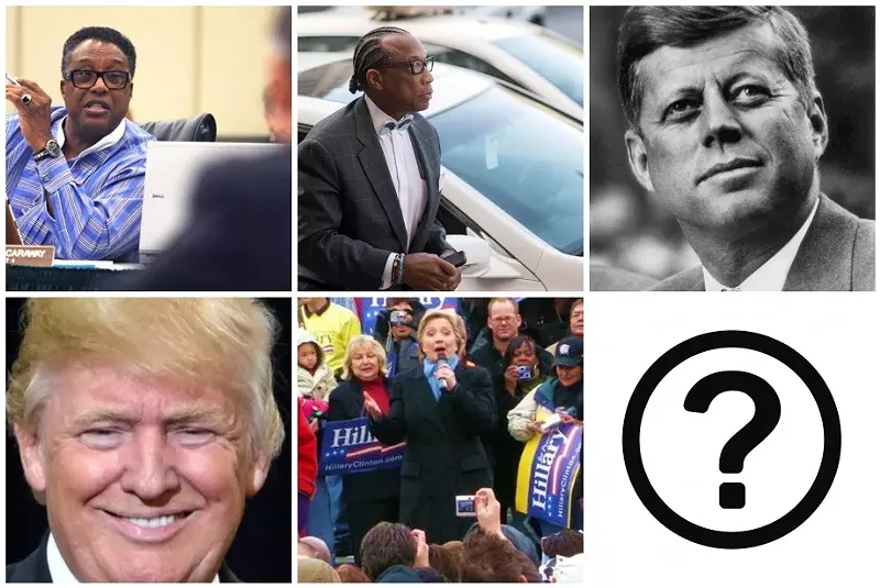 Image: (Clockwise from top left) Dwaine Caraway, John Wiley Price, John F. Kennedy, Hillary Clinton and Donald Trump. All tied together, or not, by QAnon