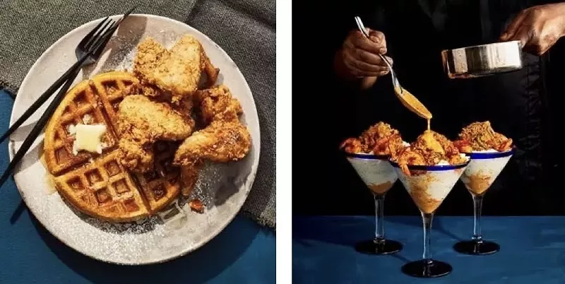 Image: Belgian waffles and cajun seafood grits from Nouveau Noir.