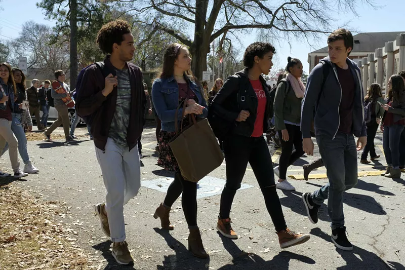 Image: The cast of Love, Simon, a fleet and sweet comedy/romance/mystery, includes (from left): Jorge Lendeborg (Nick), Katherine Langford (Leah), Alexandra Shipp (Abby) and Nick Robinson (Simon).