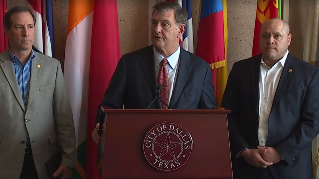 Mike Rawlings speaks about the Dallas Police and Fire Pension System Thursday night.