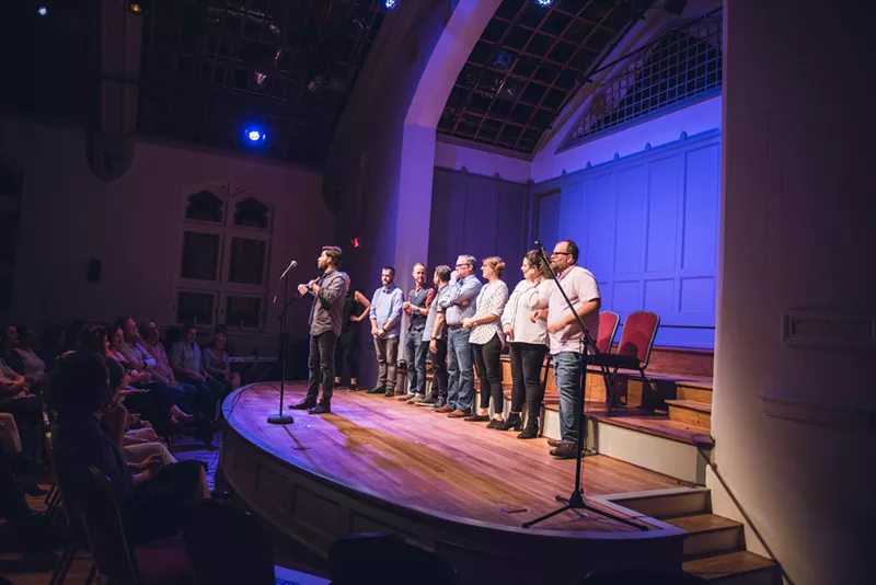 Image: A group of comedy improvisers performs at Arts Mission Oak Cliff during the first fundraiser for Stomping Ground Comedy Theater, a new nonprofit comedy venture.