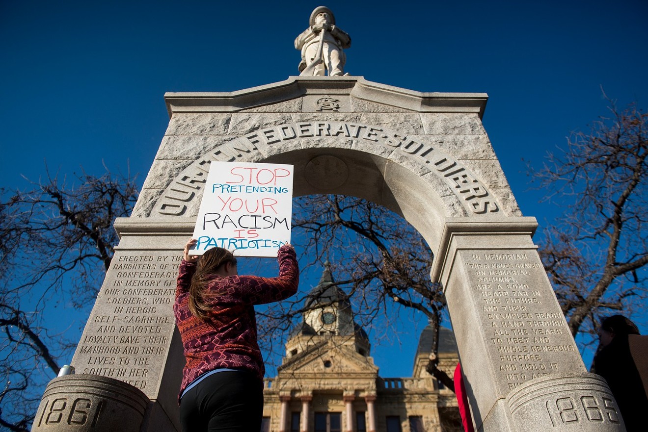 One of the few protesters who came out to Denton's Confederate monument on Super Bowl Sunday.