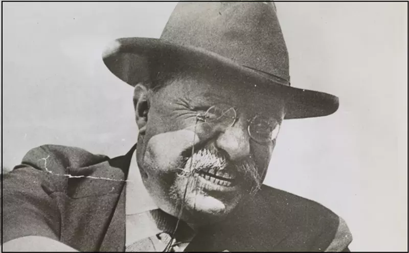 Image: "... the time has come to inquire seriously what will happen when our forests are gone, when the coal, the iron, the oil, and the gas are exhausted, when the soils shall have been still further impoverished and washed into the streams, polluting the rivers, denuding the fields, and obstructing navigation." — Teddy Roosevelt