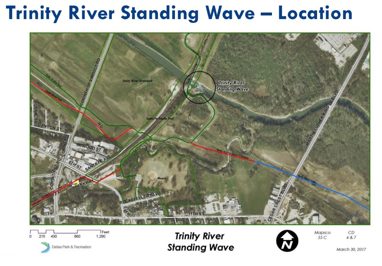 The failed whitewater feature is a mile and a half southeast of downtown where a DART bridge crosses the Trinity river.