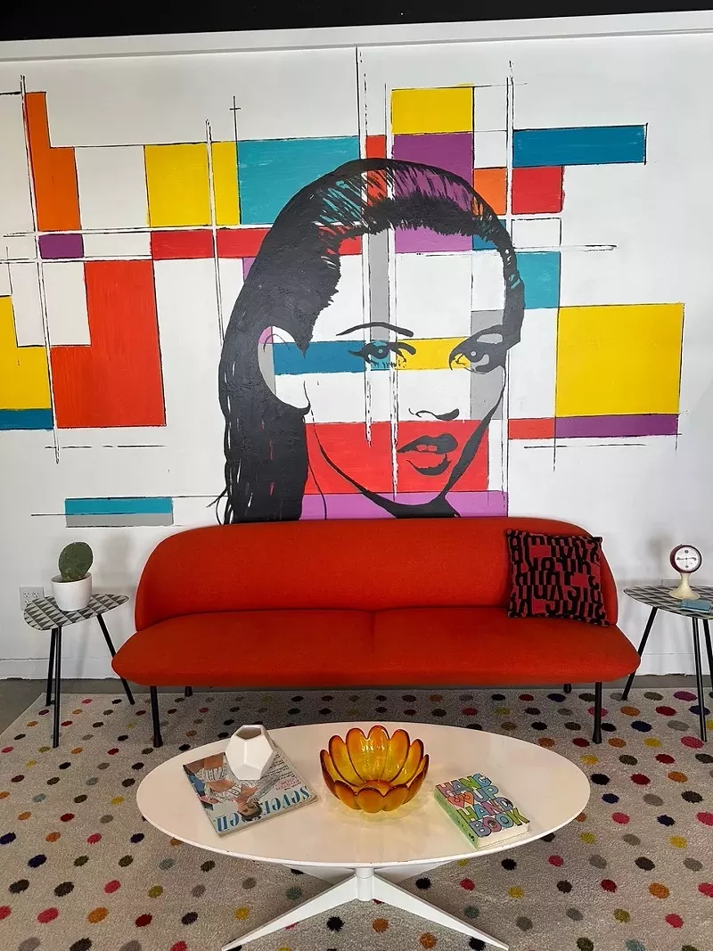 Image: A Kate Moss mural at I Am Clothesminded Vintage in Richardson.