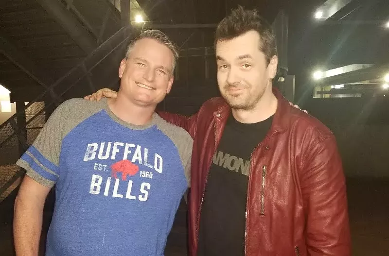 Image: Dallas comedian Joshua Fischer, left, poses for a picture with comedian Jeff Jeffries during Jeffries' surprise visit to Hyena's Comedy Nightclub last November.