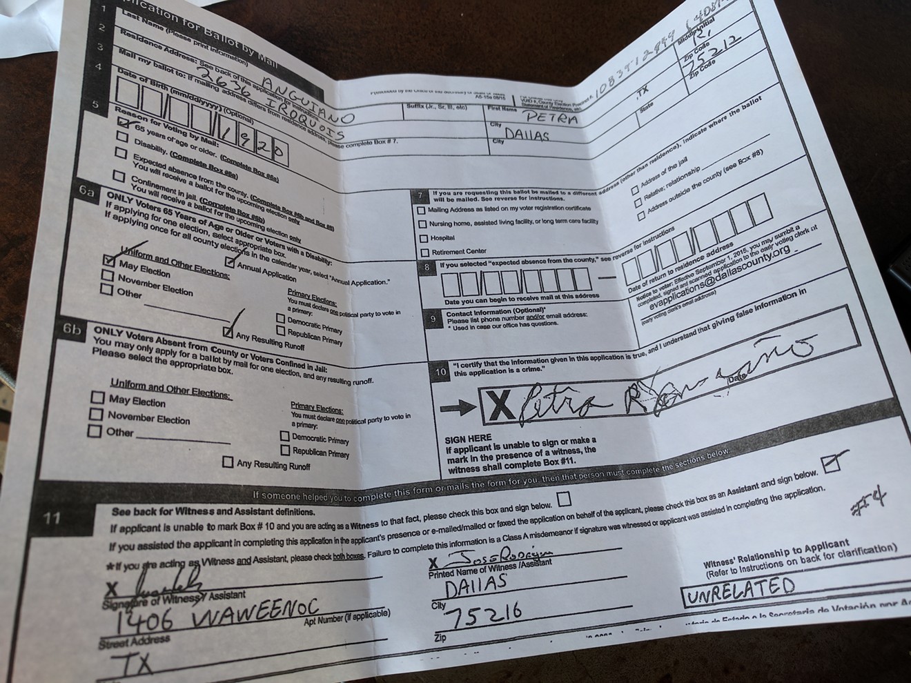 "Jose Rodriguez" signed an application for a mail-in ballot.