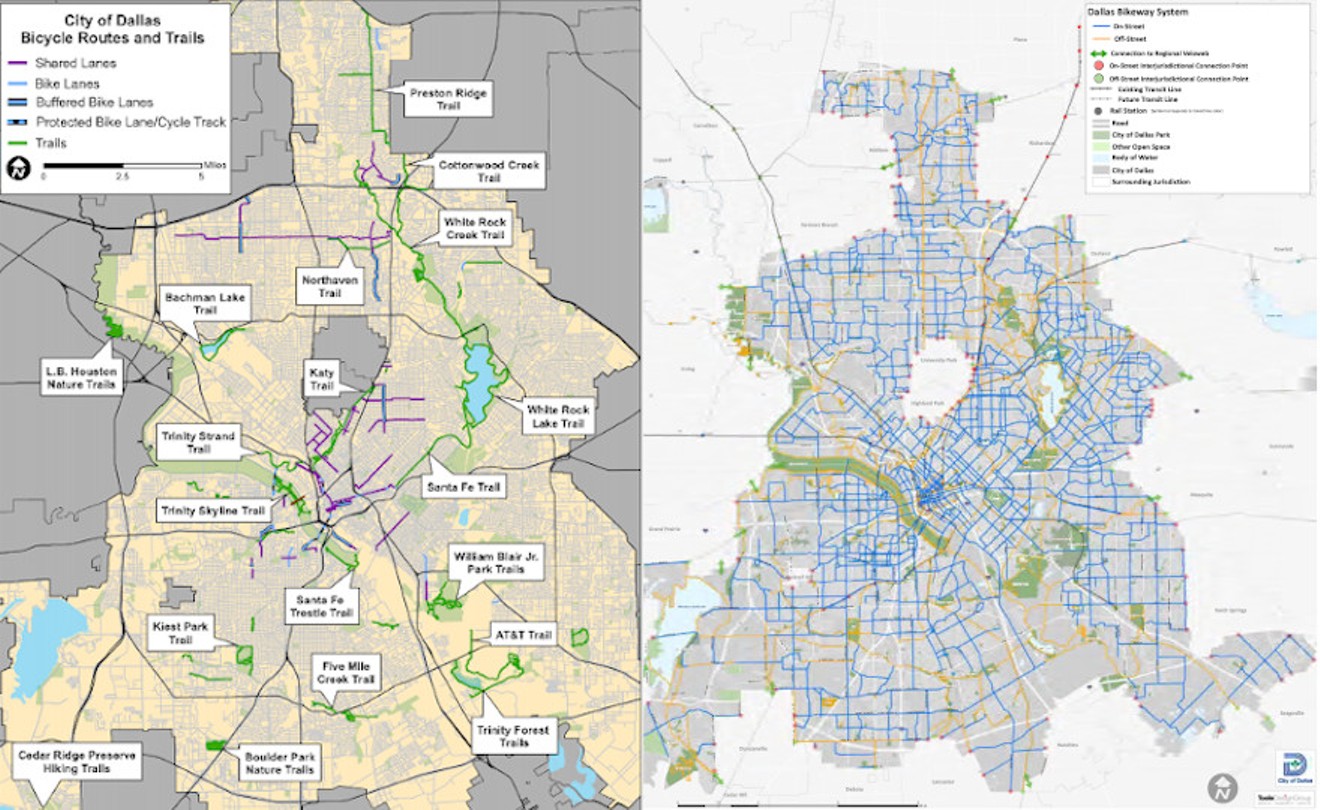The city's current bike map (left) and what was planned (right).