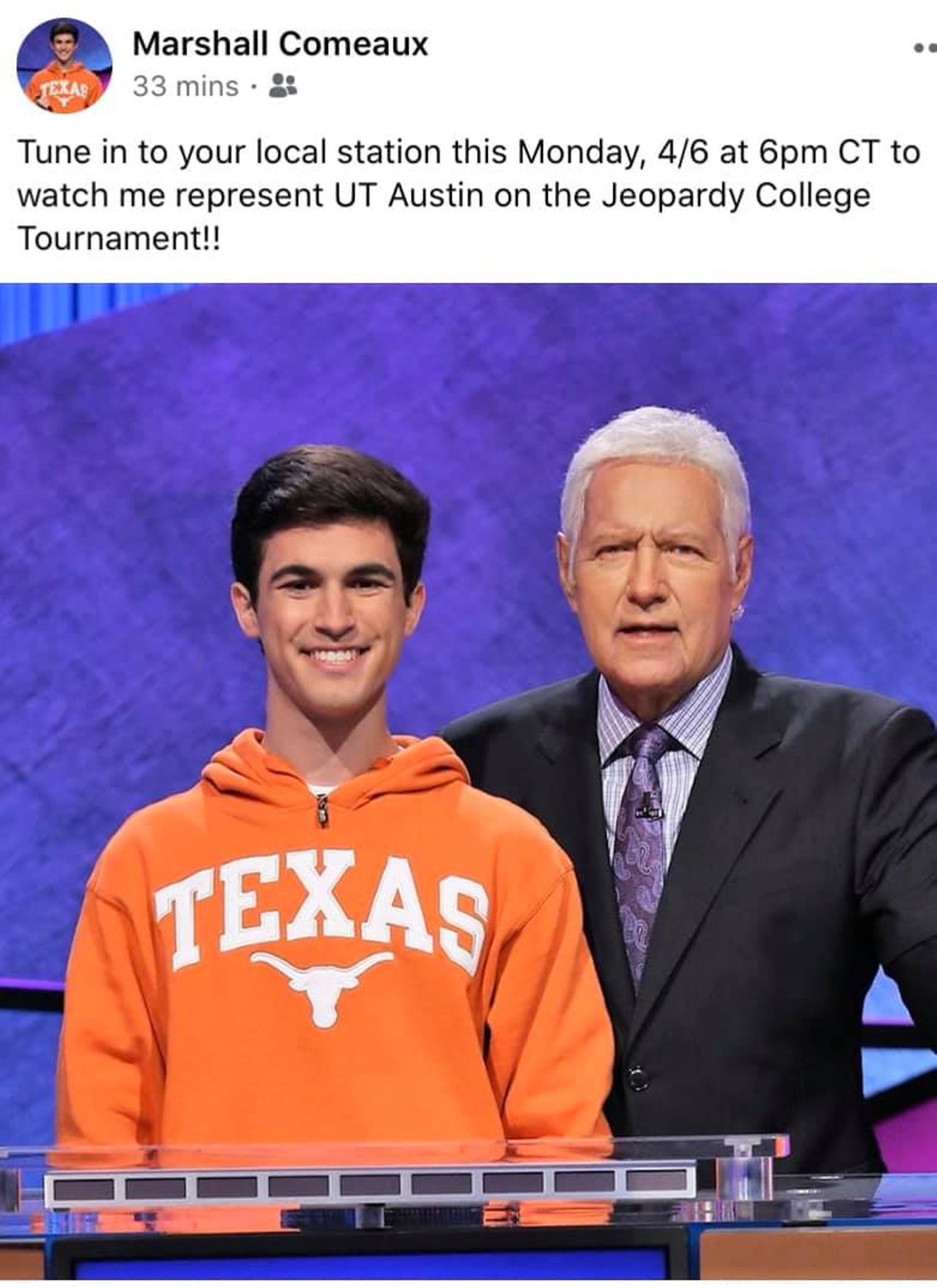 University of Texas at Austin student and North Dallas native Marshall Comeaux (left) with Jeopardy! host Alex Trebek.